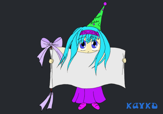 Diese Chibi hält eine Schriftrolle hoch, in welcher Text geschrieben wurde.<br>
                                            Typisch für Chibistyle: Die Schriftrolle ist das herforstehende Element. Hände und Füsse werden vereinfacht dargestellt.<br>
                                            Um Emotionen besser darzustellen, setzte ich auf den Mangazeichenstil Chibi. Chibi's haben überprobozional grosse Köpfe, durch dieses Verfahren, erhalten die Bilder stärkere Ausdruckskraft.